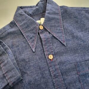Vintage Malihini Hawaii Blue Floral Shirt 70s Spear Collar Red Stitch Mens L 56